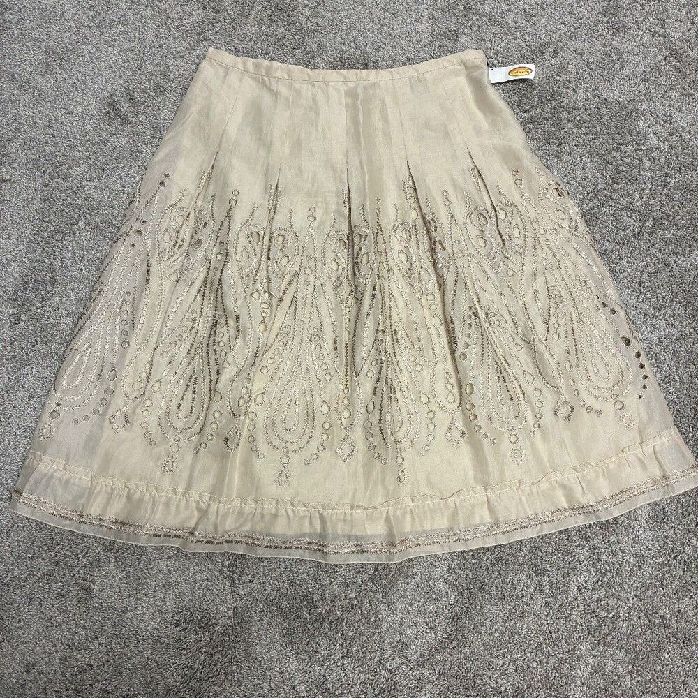 Talbots Cotton Lace Embroidered Skirt Size 14 Beige Boho Lined A-Line Ribbon Tie - Picture 2 of 15